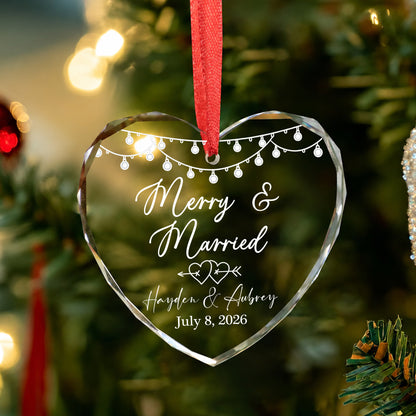 Merry & Married Custom Name Glass Xmas Ornament 2026