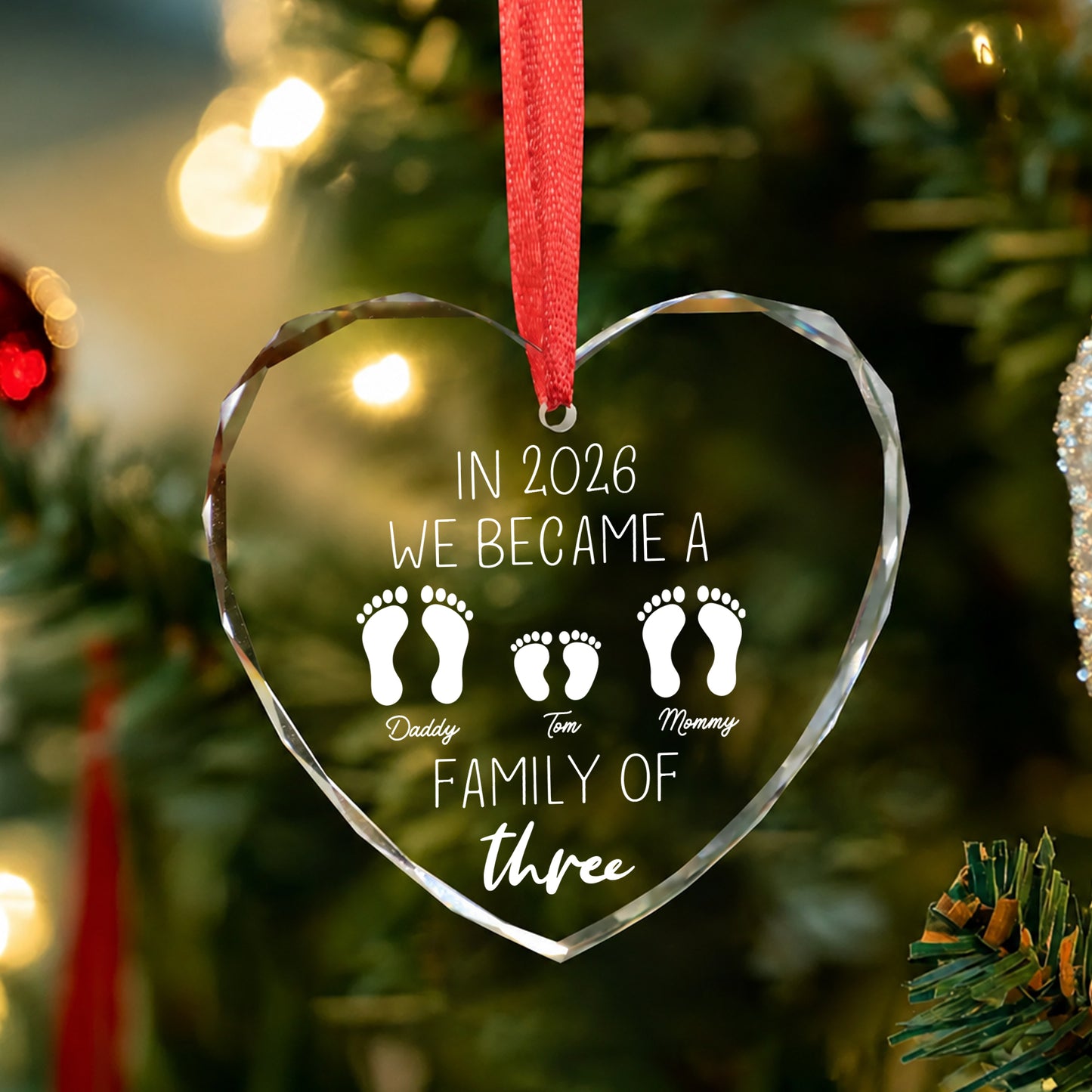 We Became Family Of Three - Custom Name Glass Ornament 2026