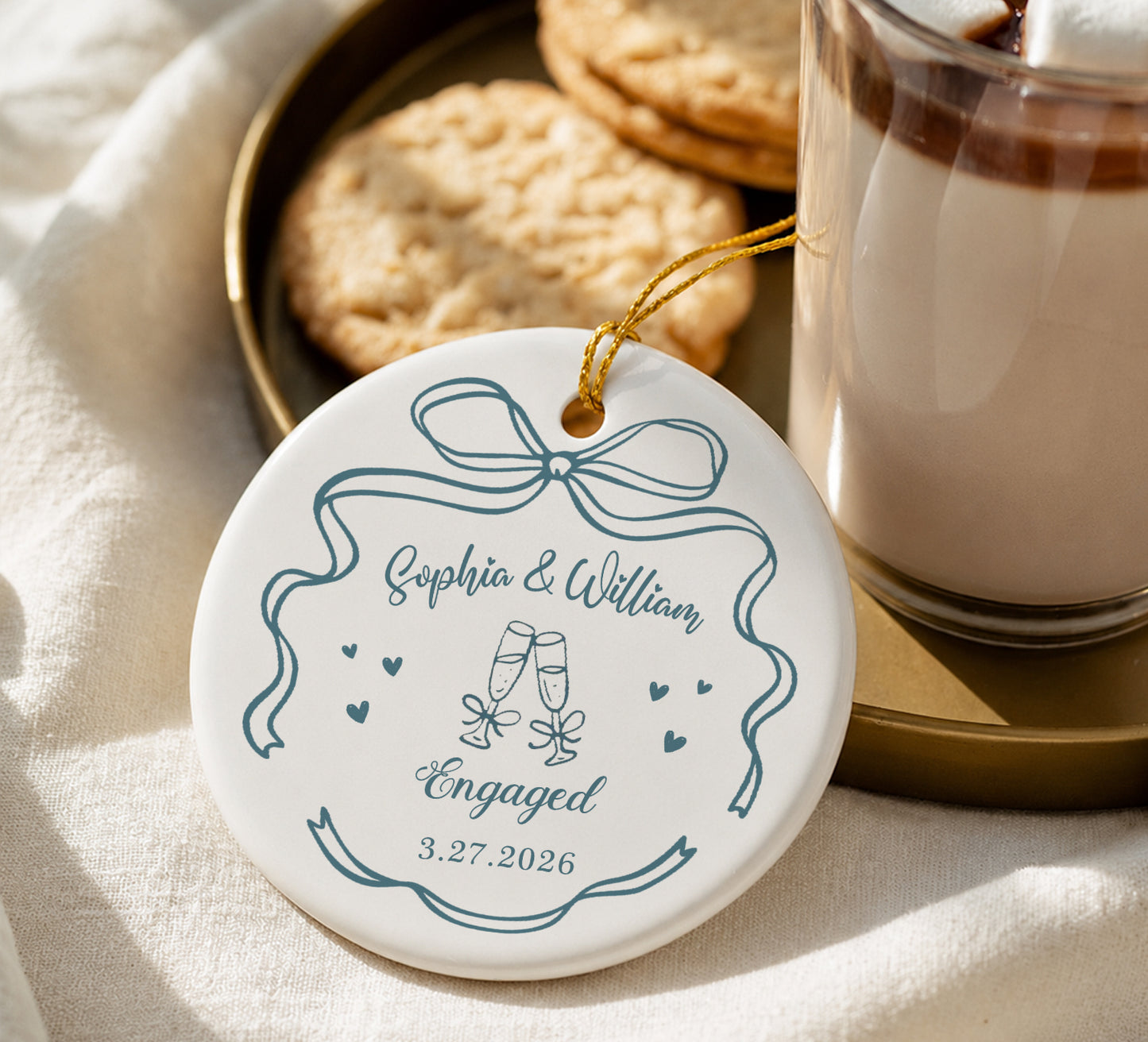 Engaged Custom Name Date Ceramic Ornament 2026 Xmas