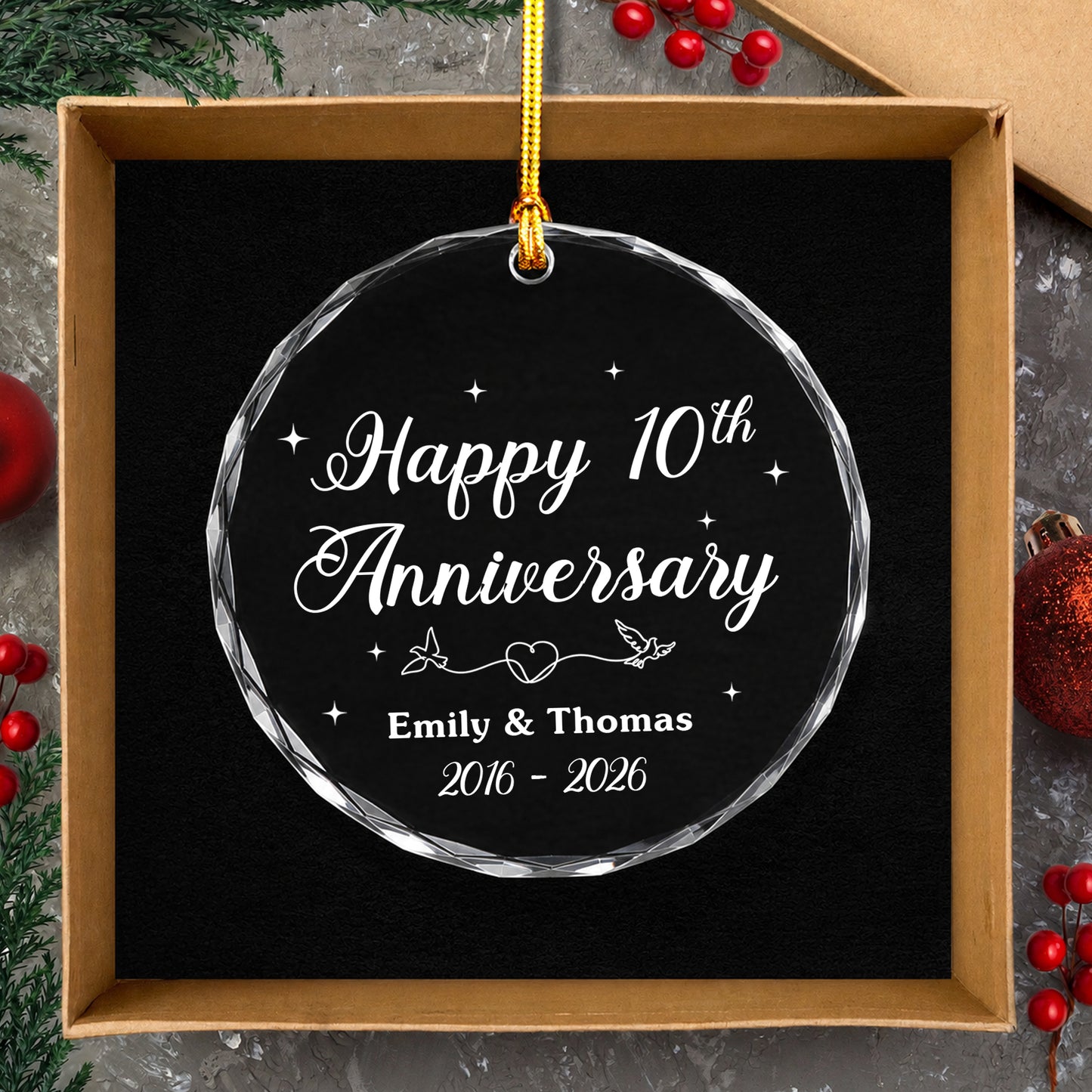 Happy Anniversary Custom Name Year Glass Xmas Ornament 2026