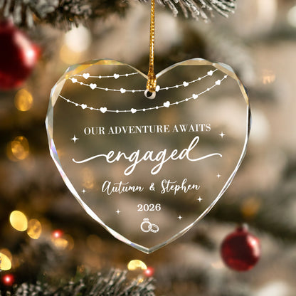 Our Adventure Engaged Custom Name Glass Ornament 2026 Xmas