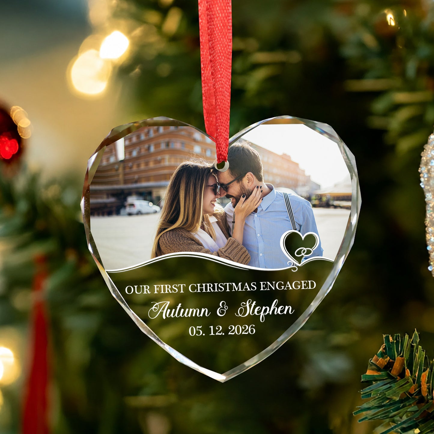 Our First Engaged Custom Image Name  Glass Ornament 2026 Xmas