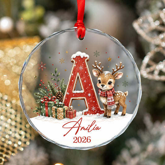 Personalized Glass Christmas Ornament, Custom Initial Name & Year, Woodland Animal Keepsake