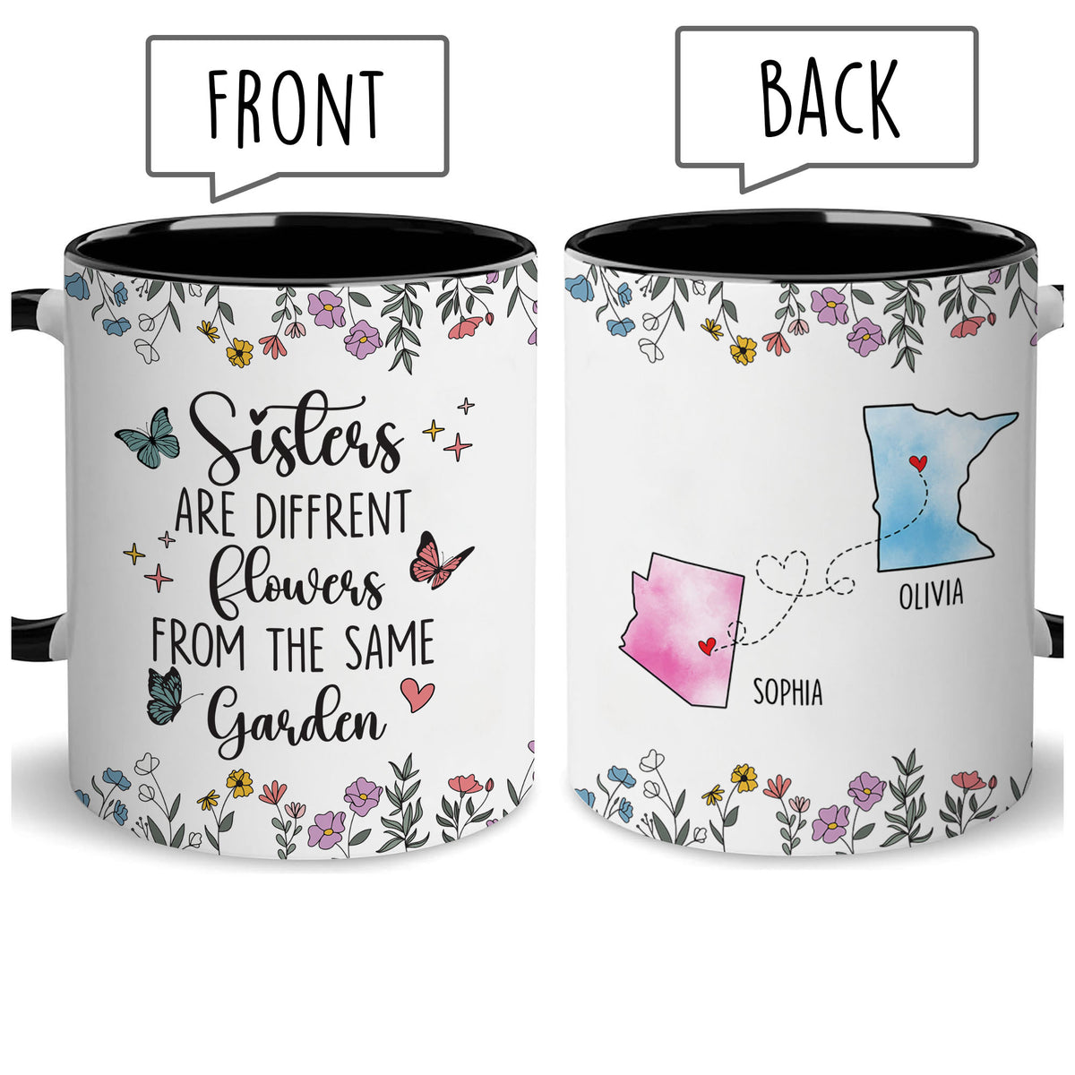 Personalized Custom Map Distance Effect Sister Coffee Mug, Sister Gifts For Birthday