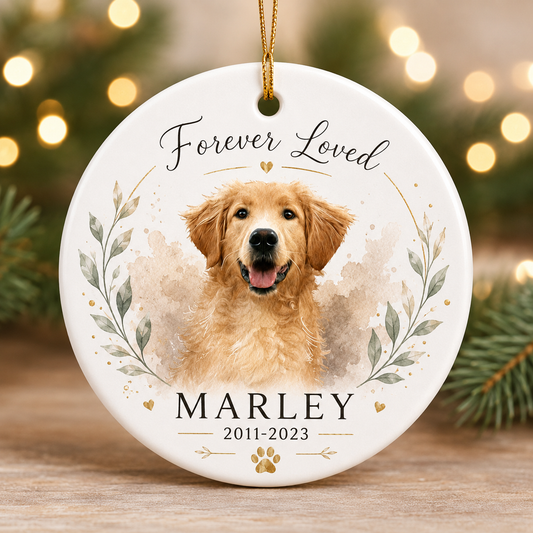 Personalized Pet Memorial Christmas Ornament – Custom Pet Photo Ceramic Ornament with Name & Memorial Dates