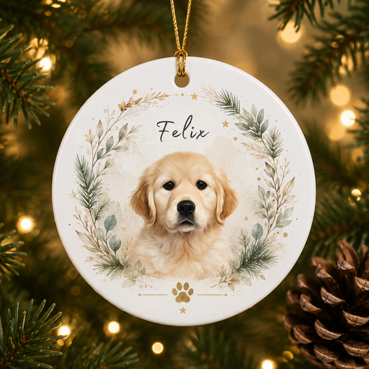Personalized Pet Photo Christmas Ornament – Custom Pet Portrait Ceramic Ornament with Name