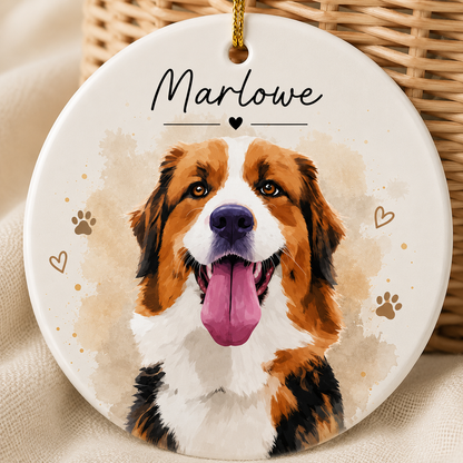Personalized Pet Portrait Christmas Ornament – Custom Pet Photo Ceramic Ornament with Name