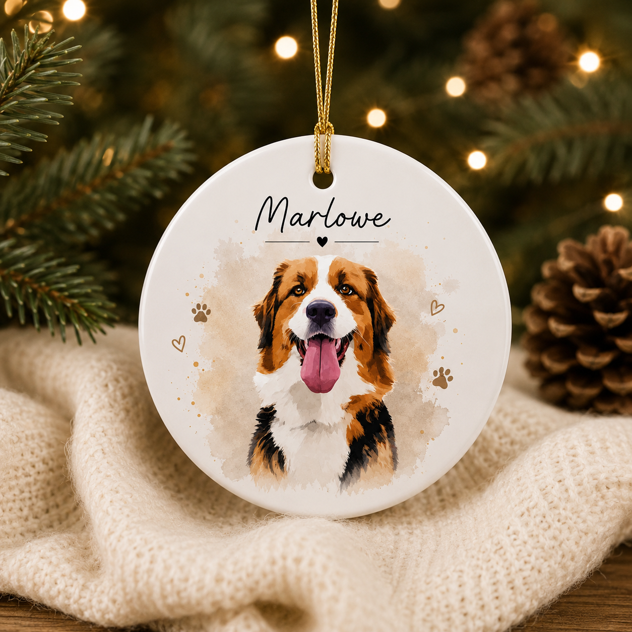 Personalized Pet Portrait Christmas Ornament – Custom Pet Photo Ceramic Ornament with Name