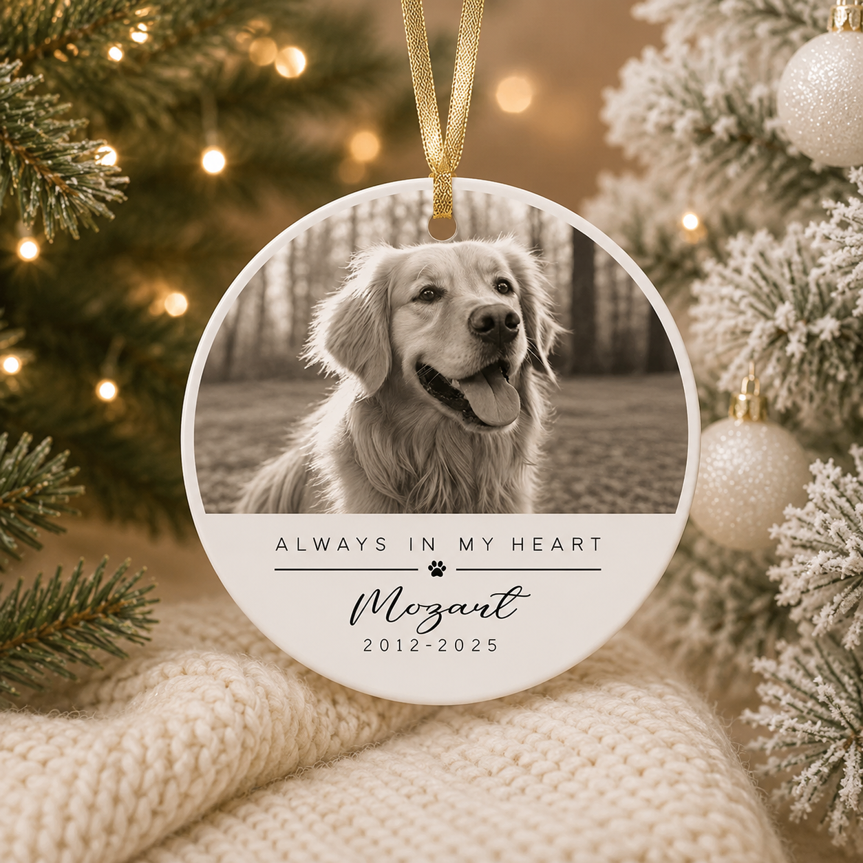 Personalized Pet Memorial Photo Christmas Ornament – Custom Ceramic Ornament with Photo, Name & Dates