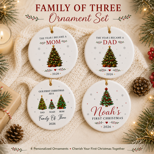 Our First Christmas As A Family Of Three | Set Of 4 Custom Name Ceramic Ornaments Family - Dad - Mom - Baby