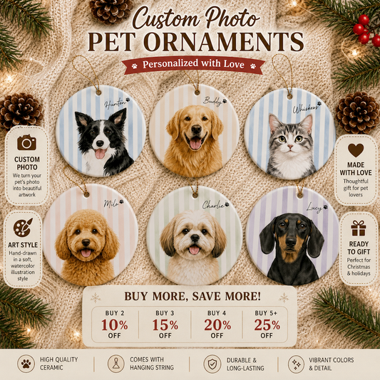 Circle Ornament Pet Custom Photo Vertical Striped Dog Cat Christmas Gift Set 1-8 Pcs
