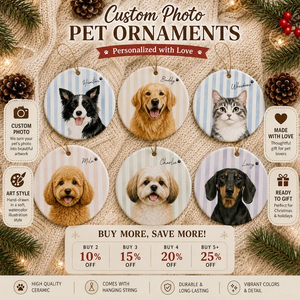 Personalized Pet Memorial Photo Dog Cat Christmas Tree Circle Ceramic Ornament Gift Set 1-8 PCS Multi Style